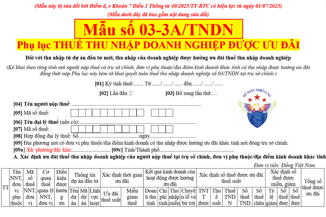 Phụ lục thuế thu nhập doanh nghiệp được ưu đãi Mẫu 03-3A/TNDN mới nhất 2026