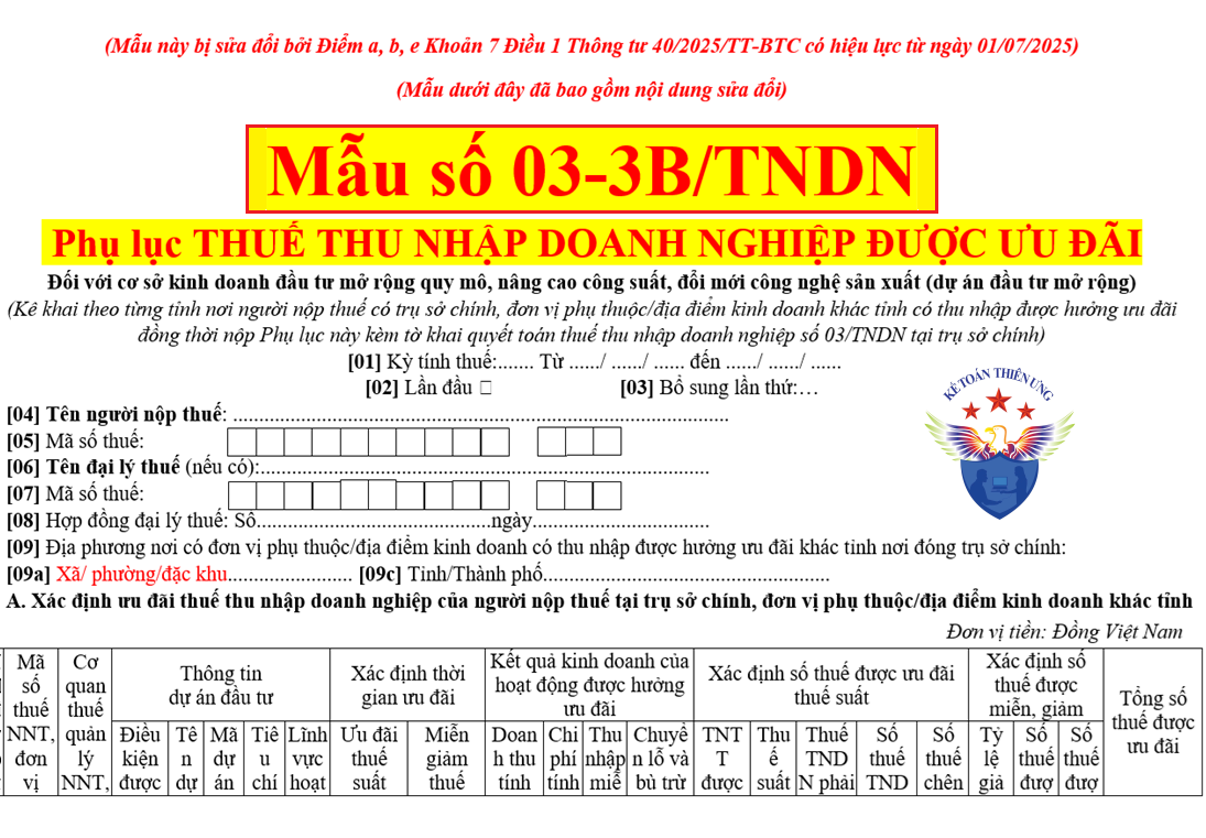 Phụ lục thuế thu nhập doanh nghiệp được ưu đãi Mẫu 03-3B/TNDN