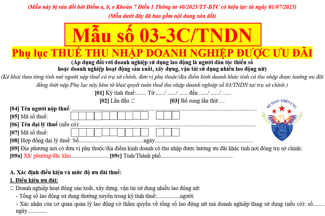 Phụ lục thuế thu nhập doanh nghiệp được ưu đãi Mẫu 03-3C/TNDN