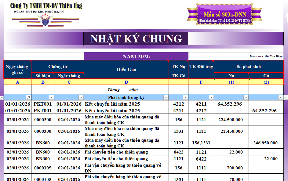 MẪU SỔ NHẬT KÝ CHUNG TRÊN EXCEL