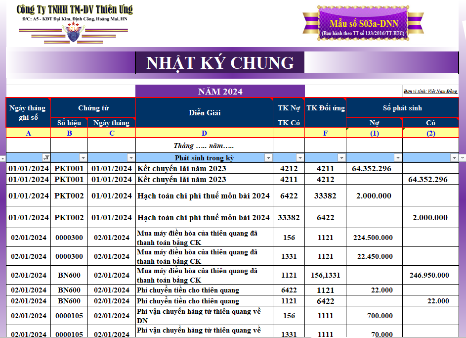 MẪU SỔ NHẬT KÝ CHUNG TRÊN EXCEL