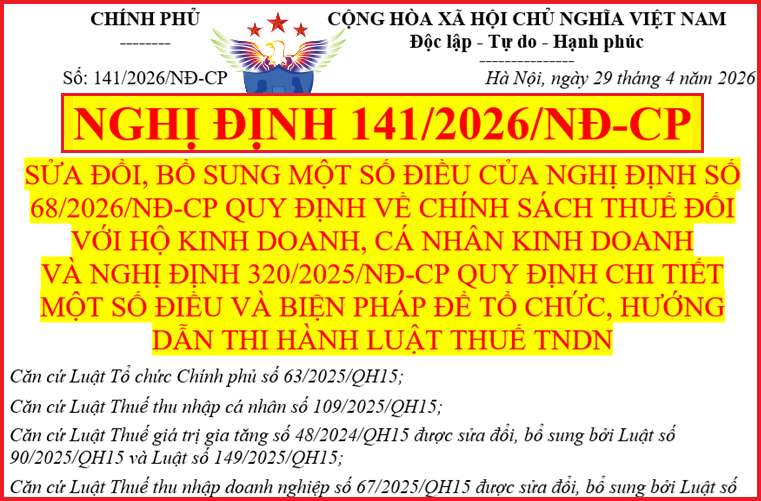 Nghị định số 141/2026 quy định về thuế với hộ, cá nhân kinh doanh mới nhất