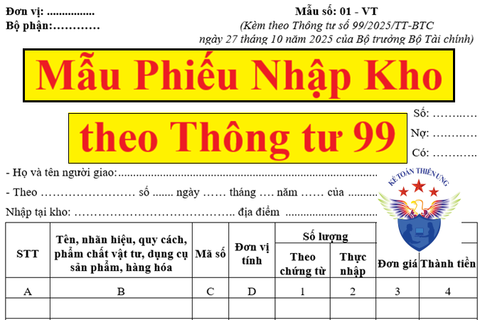 Mẫu phiếu nhập kho theo Thông tư 99