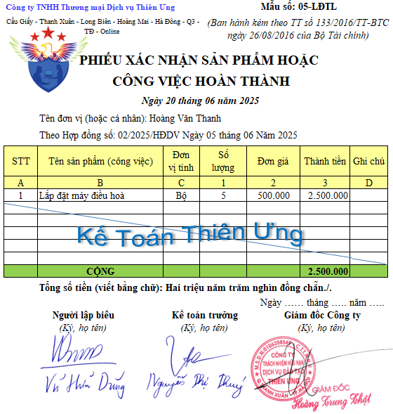 Mẫu Phiếu xác nhận công việc hoàn thành trên Excel