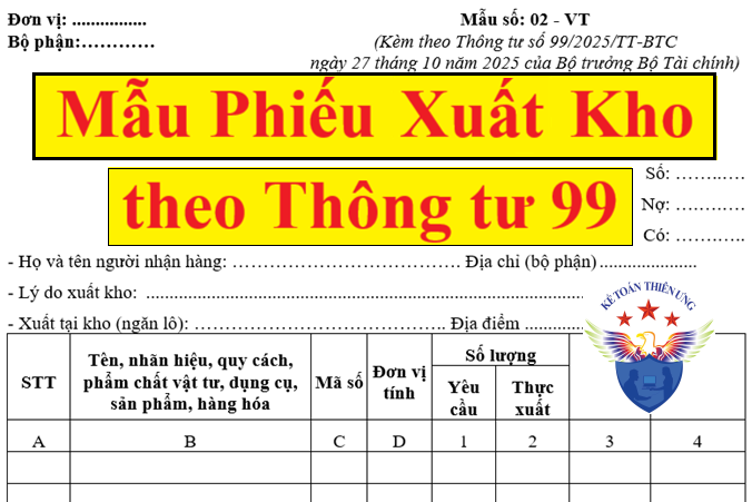 Mẫu phiếu xuất kho theo Thông tư 99