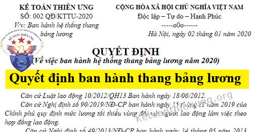 mẫu quyết định ban hành thang bảng lương 2020 mẫu quyết định ban hành thang bảng lương 2020
