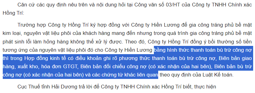 thanh toán bù trừ công nợ 2 bên