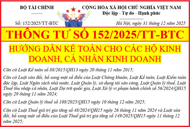 Thông tư 152/2025 hướng dẫn kế toán cho hộ, cá nhân kinh doanh 2026