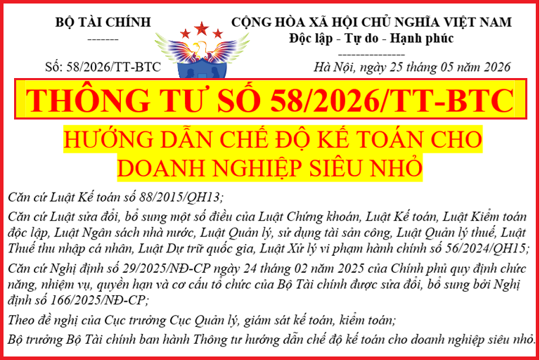 Thông tư 58/2026 hướng dẫn chế độ kế toán cho doanh nghiệp siêu nhỏ