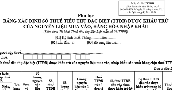 Bảng kê hàng hóa dịch vụ mua vào chịu thuế TTĐB Mẫu 01-2/TTĐB