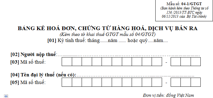 Bảng kê hàng hóa dịch vụ bán ra theo phương pháp trực tiếp Mẫu số: 04-1/GTGT 