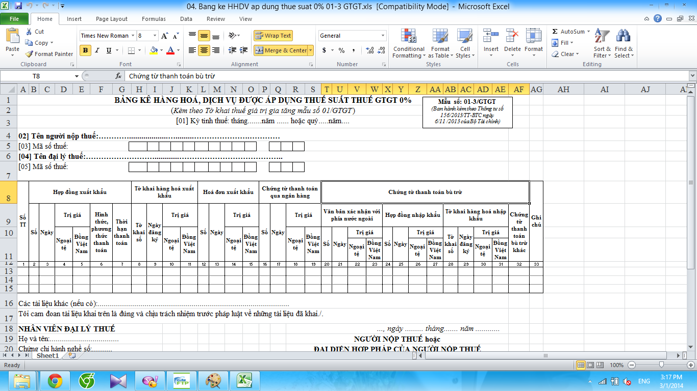 Mẫu bảng kê hàng hóa dịch vụ thuế suất thuế GTGT 0% Mẫu số 01-3/GTGT