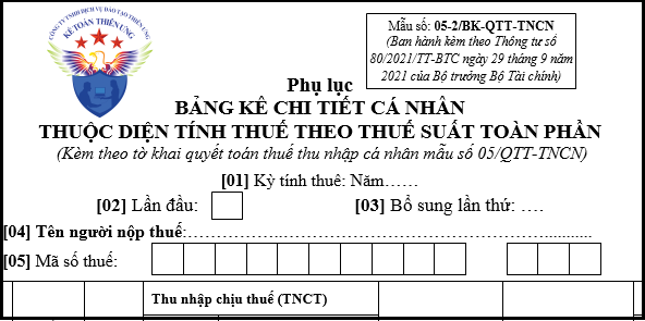 Phụ lục bảng kê cá nhân thuộc diện tính thuế suất toàn phần Mẫu 05-2/BK-QTT-TNCN