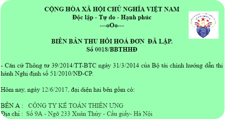 Mẫu biên bản thu hồi hóa đơn GTGT mới nhất 2018 - Kế toán ...