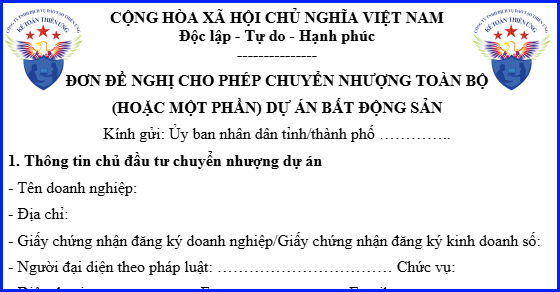 Mẫu đơn đề nghị chuyển nhượng toàn bộ hoặc một phần dự án bất động sản theo Nghị định 96/2024/NĐ-CP