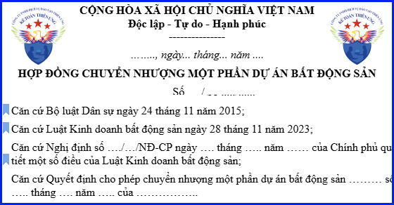 Mẫu hợp đồng chuyển nhượng một phần dự án bất động sản theo Nghị định 96/2024/NĐ-CP