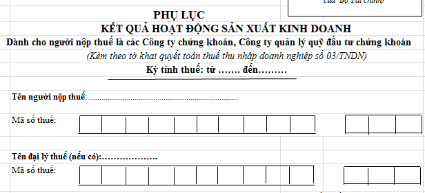 Phụ lục kết quả hoạt động sản xuất kinh doanh Mẫu 03-1C/TNDN