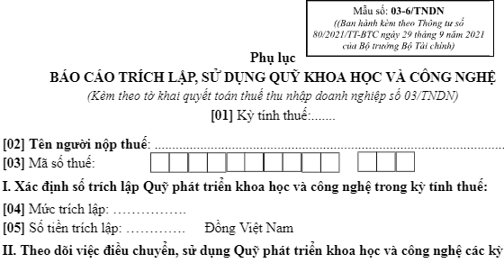 Phụ lục báo cáo trích sử dụng quỹ khoa học công nghệ Mẫu số 03-6/TNDN