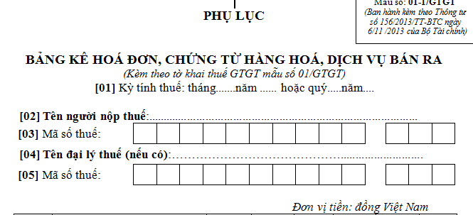 Mẫu bảng kê hóa đơn, chứng từ hàng hóa, dịch vụ bán ra Mẫu số: 01-1/GTGT 