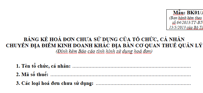 Mẫu Bảng kê hoá đơn chuyển đi Mẫu BK01/AC