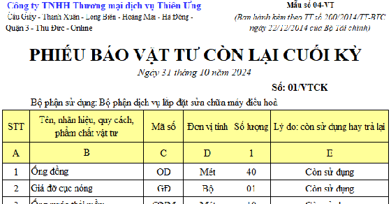 Mẫu phiếu báo vật tư còn lại cuối kỳ theo Thông tư 200 và 133