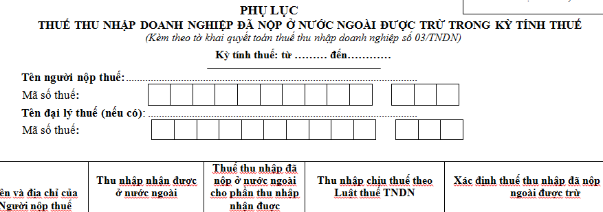 Phụ lục thuế thu nhập doanh nghiệp đã nộp ở nước ngoài Mẫu số 03-4/TNDN