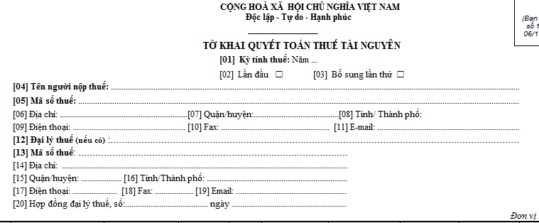 Tờ khai quyết toán thuế tài nguyên mẫu số 02/TAIN