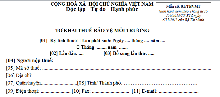 Tờ khai thuế bảo vệ môi trường mẫu số 01/TBVMT 