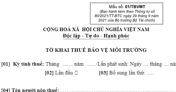 Tờ khai thuế bảo vệ môi trường mẫu số 01/TBVMT 