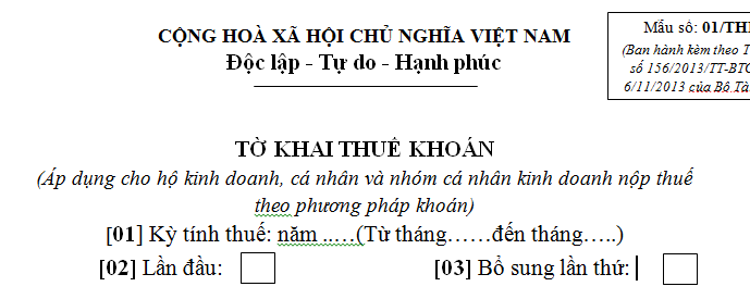 Tờ khai thuế khoán mẫu số 01/THKH