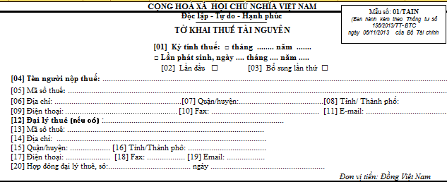 Tờ khai thuế tài nguyên Mẫu số 01/TAIN