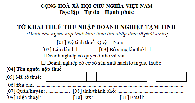 Tờ khai thuế TNDN tạm tính mẫu 01A/TNDN