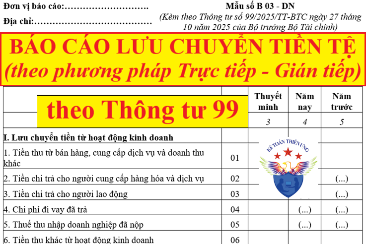 Mẫu báo cáo lưu chuyển tiền tệ trực tiếp, gián tiếp theo Thông tư 99