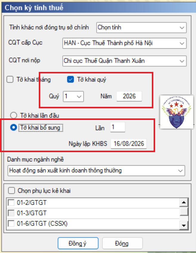 Chọn kỳ kê khai điều chỉnh bổ sung