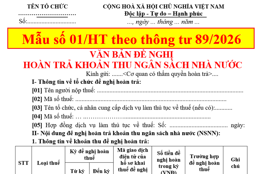 Mẫu văn bản đề nghị hoàn trả khoản thu ngân sách nhà nước